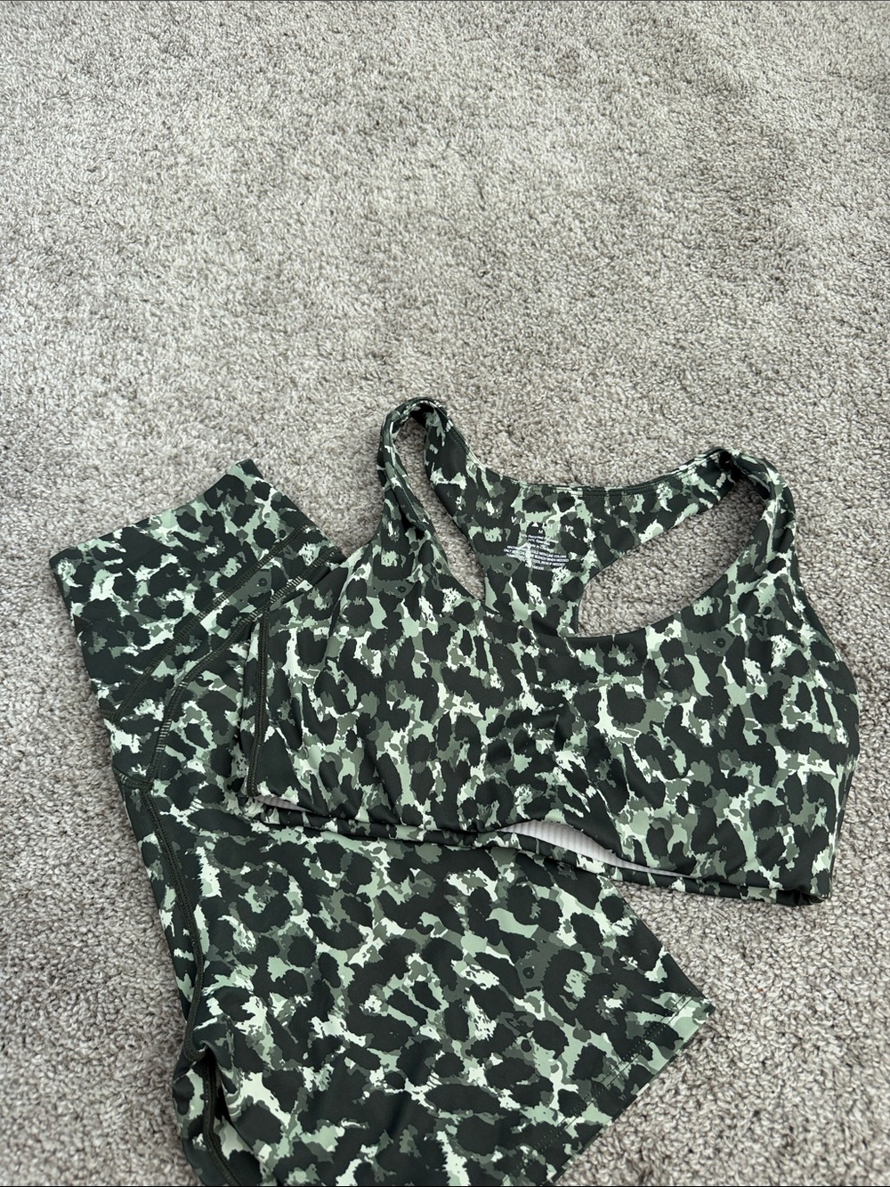 vitality Women’s Green cheetah Sports Bra and bike shorts set NEVER WORN